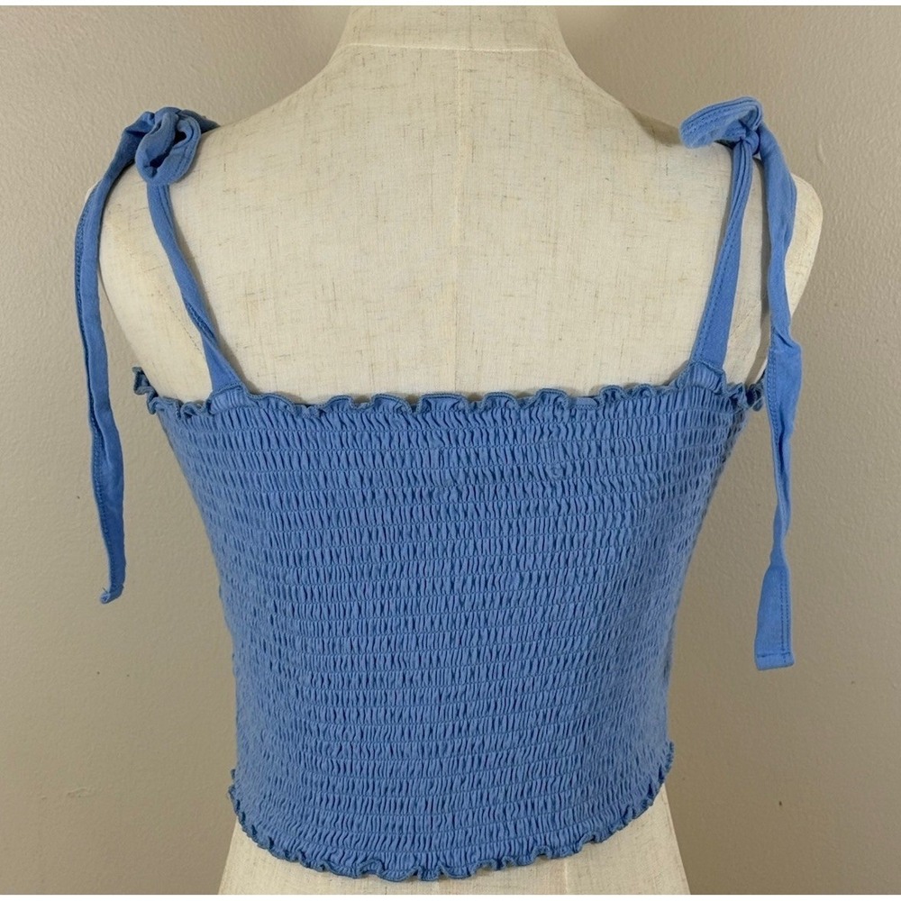Hollister Smocked Crop Top Women L Blue Tie Strap Coquette Cottagecore - Picture 3 of 8